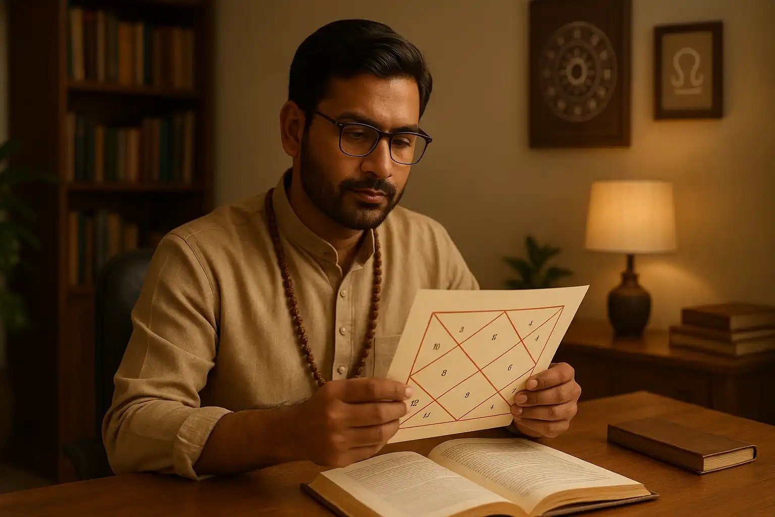 Vastu Consultant in Gurgaon analyzing horoscope chart in a peaceful office environment.