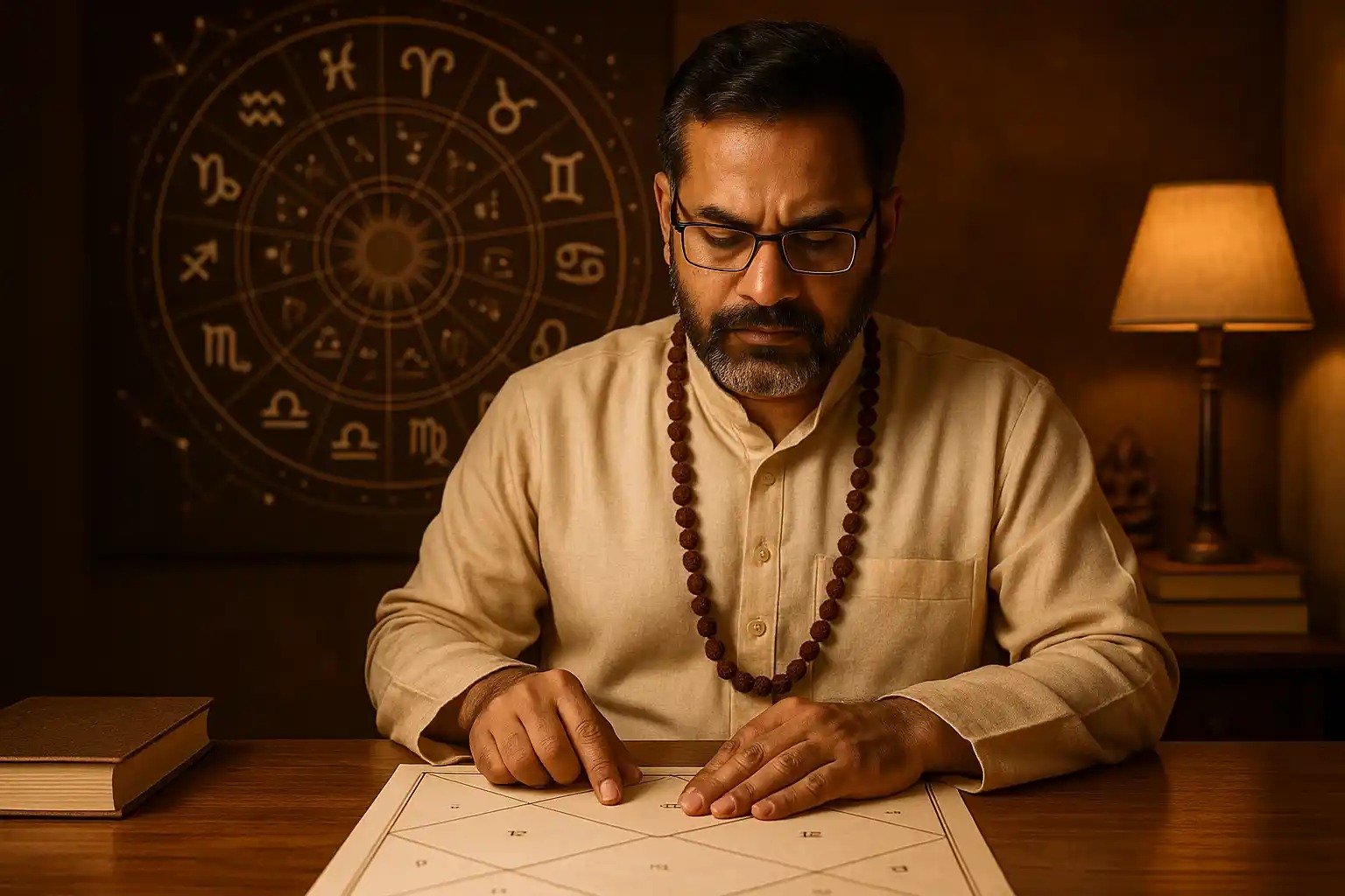 Professional Astrologer in Gurgaon analyzing a Vedic kundli chart with zodiac signs in a traditional office setup.